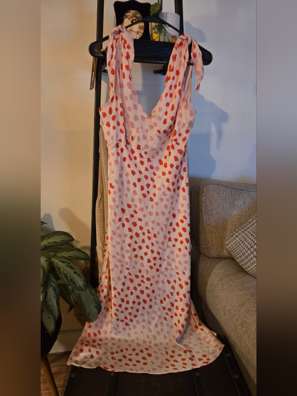 BCBGeneration Pink & Red Polka Dot Tie Shoulder Midi Dress